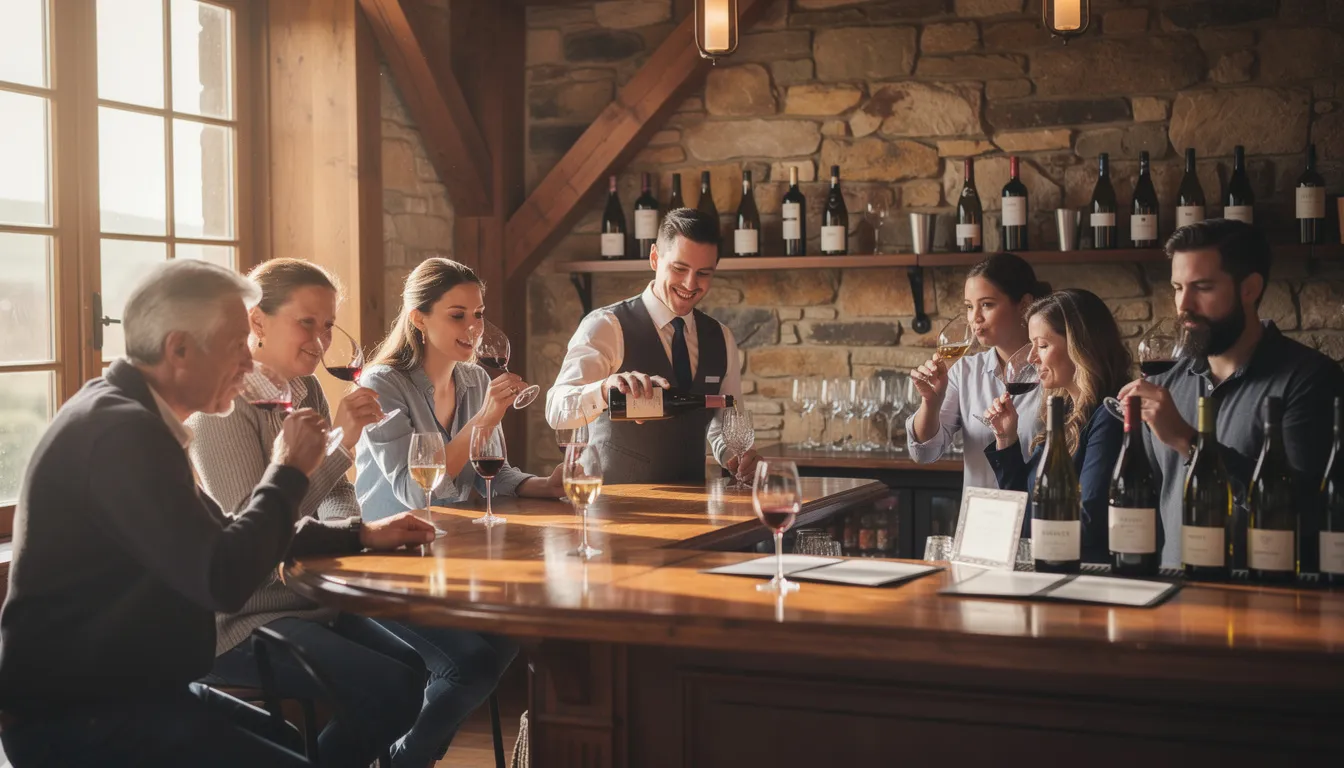 A group of wine enthusiasts is enjoying an intimate wine tasting experience inside a rustic tasting room, surrounded by bottles of award-winning wines from California's wine country. The atmosphere is warm and inviting, perfect for savoring distinctive varietals like pinot noir and cabernet sauvignon.
