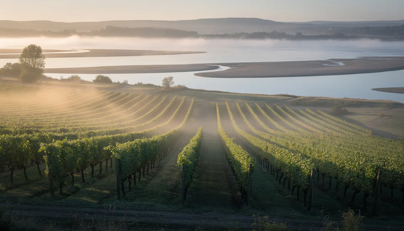 The image depicts lush vineyard rows stretching along a serene river delta, with morning mist gently rising over the vines, creating a tranquil atmosphere. This picturesque scene is characteristic of prestigious wine regions like Sonoma County and Napa Valley, where chardonnay grapes thrive, offering bright acidity and rich flavors for wine enthusiasts to enjoy.