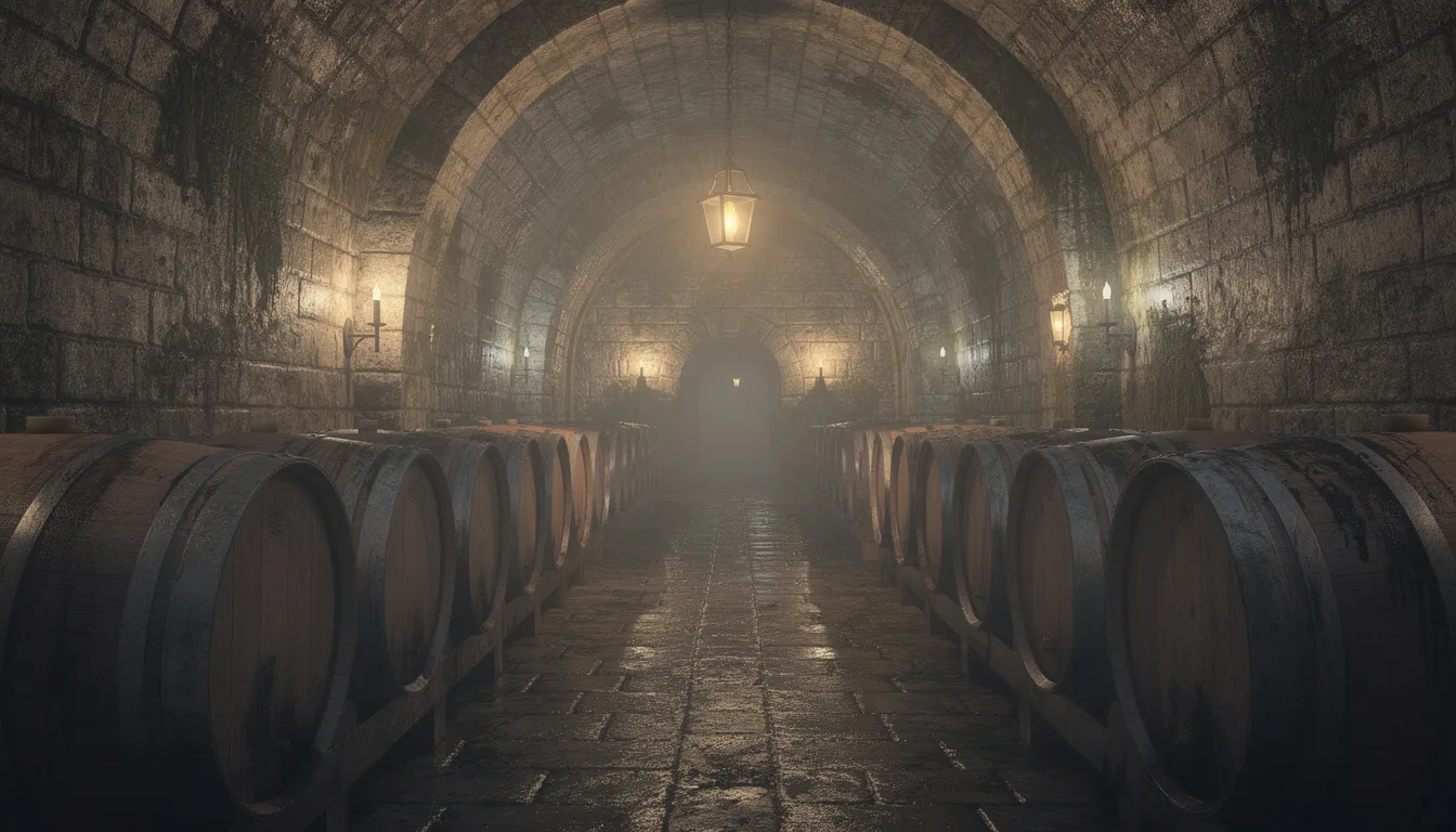 The image depicts an ancient stone wine cellar, dimly lit and lined with rows of oak barrels, creating an atmosphere perfect for wine enthusiasts. This setting evokes the rich traditions of winemaking, where one might find the best chardonnay wines aging gracefully, ready to offer crisp acidity and vibrant fruit flavors.