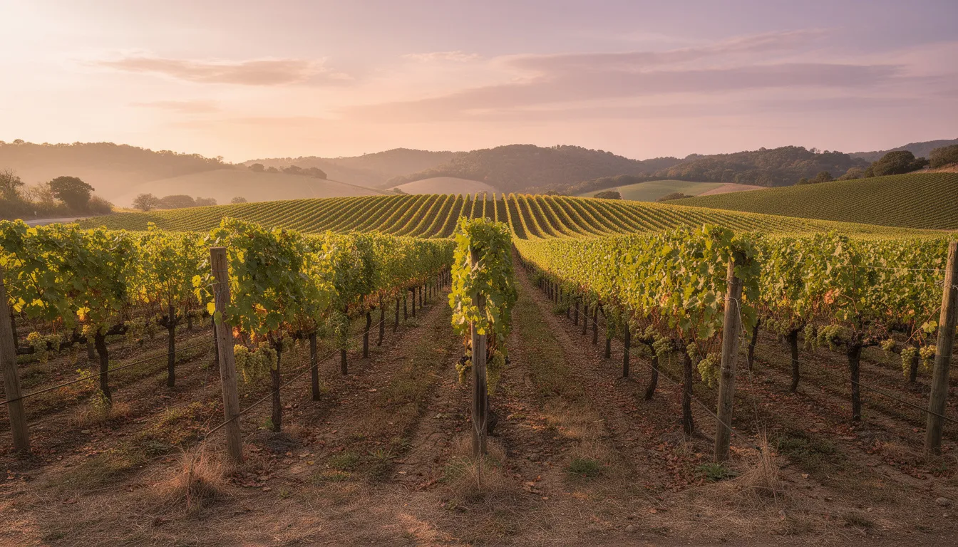 The image depicts rows of Chardonnay vines extending towards rolling hills, bathed in the warm glow of a sunset sky. This picturesque vineyard scene highlights the beauty of California’s wine regions, where wine enthusiasts can appreciate the fruit flavors and bright acidity characteristic of top Chardonnay wines.