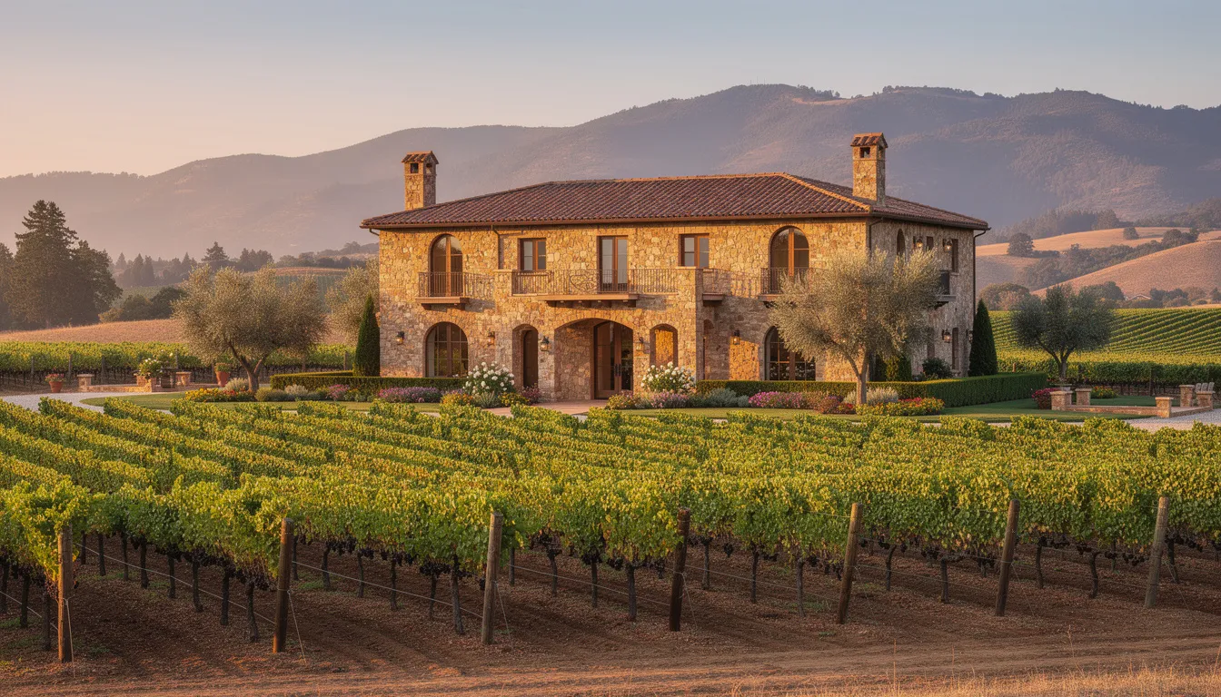 An elegant stone winery estate is set against the backdrop of Napa Valley mountains, with neatly arranged vineyard rows leading the eye through California wine country. This picturesque scene invites visitors to explore the award-winning wines and tasting rooms that the region has to offer.
