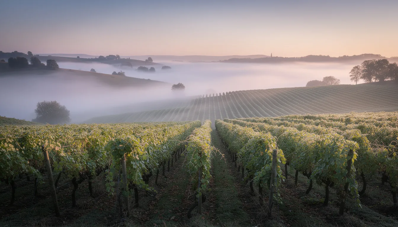 A serene rolling vineyard landscape at dawn, with soft morning fog settling between the lush rows of wine grapes, and distant hills creating a tranquil backdrop typical of California wine country. This picturesque scene evokes the charm of wine tasting in regions like Napa Valley and Sonoma County, inviting visitors to explore the beauty of the vineyards.