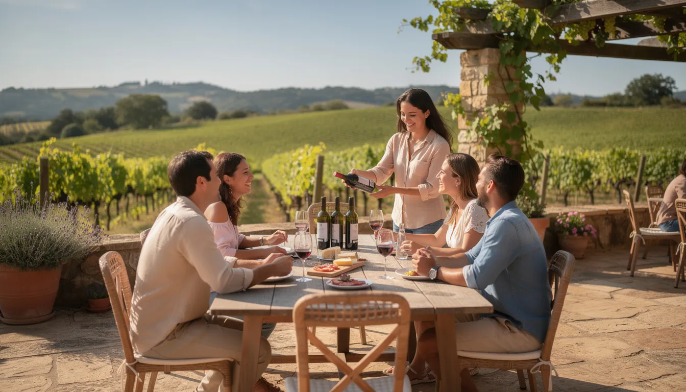 A group of friends is enjoying a sunny outdoor wine tasting on a vineyard patio, surrounded by lush vines in California's wine country. They are sipping award-winning wines, including Sauvignon Blanc and Pinot Noir, while relaxing and sharing laughter in this beautiful setting.