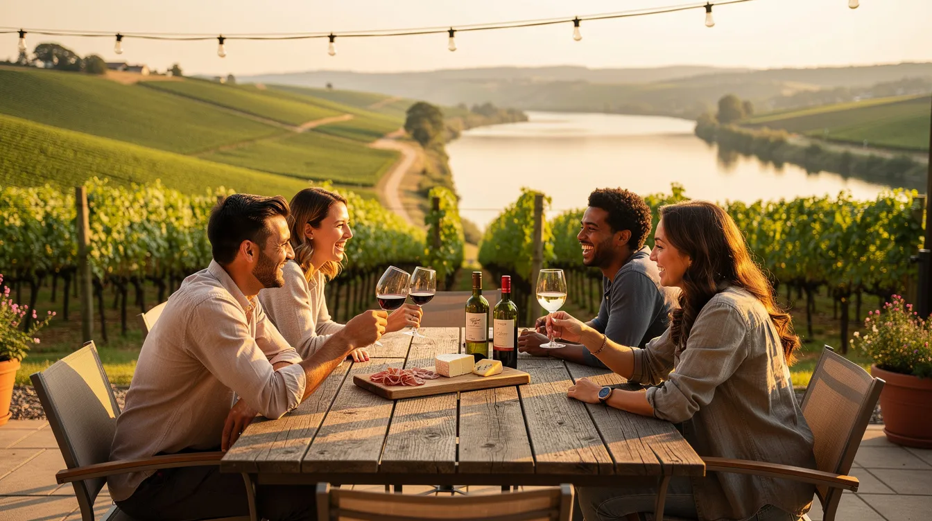 A group of friends are enjoying a lively wine tasting experience on an outdoor patio, overlooking lush vineyards and a serene river, embodying the spirit of wine lovers in the beautiful Sacramento region. The atmosphere is intimate and welcoming, perfect for savoring good wine and creating lasting memories together.