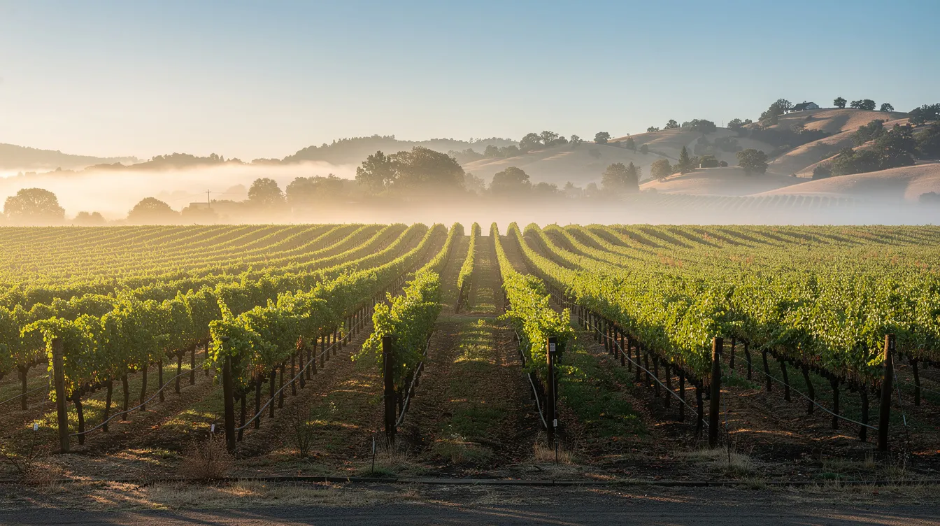 A picturesque view of rows of grapevines in a sunlit California valley, with morning mist gently hovering above, showcases the beauty of Napa Valley's vineyards. This serene landscape is ideal for crafting high-quality sparkling wines, including popular varieties like Pinot Noir and Chardonnay.
