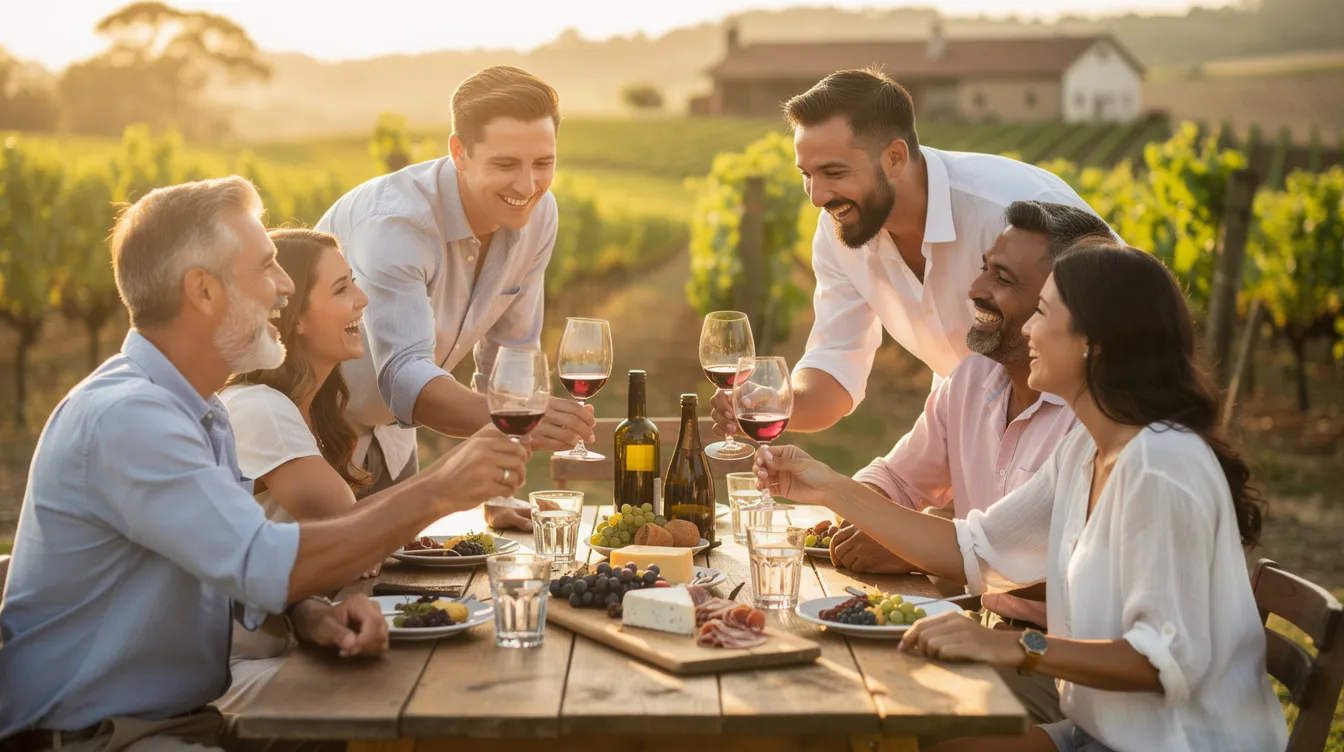 A group of friends is laughing and enjoying a delightful wine tasting experience at an outdoor winery table, surrounded by the beautiful scenery. They are savoring different wines, including a rich pinot noir and a crisp sauvignon blanc, while sharing tasting tips and discussing the wine aromas and flavors.