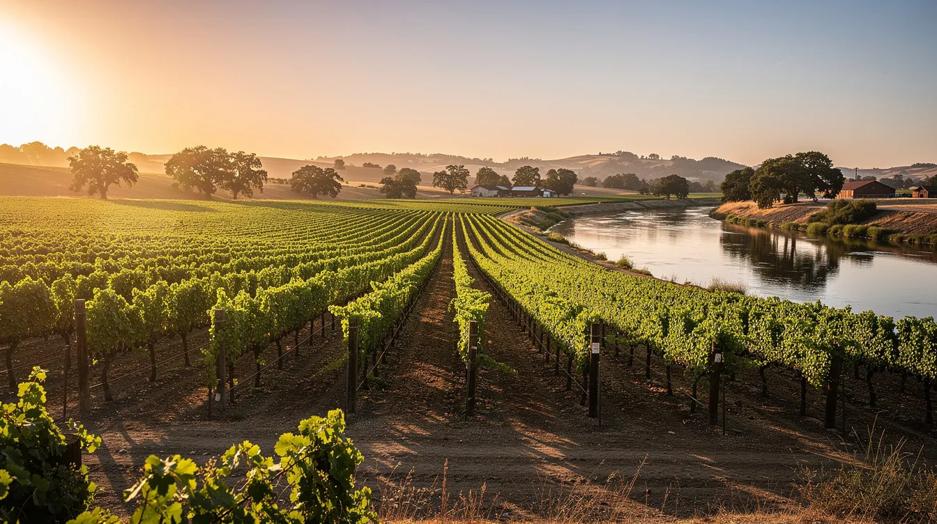 The image features scenic vineyard rows bathed in golden hour light, set against the backdrop of a California river delta. This picturesque landscape showcases the beauty of local vineyards, inviting wine lovers to explore the region's winery options and enjoy a delightful wine tasting experience.