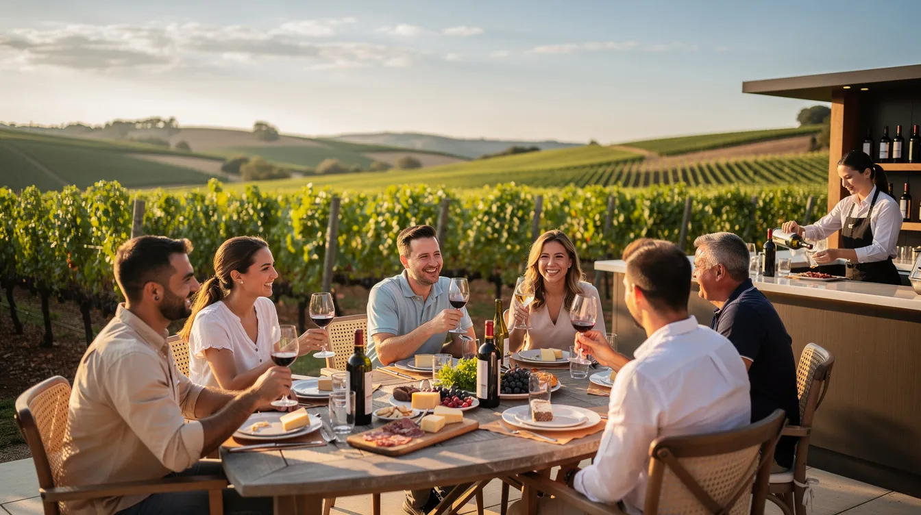A group of people is enjoying a selection of sparkling wines at an outdoor tasting room, surrounded by picturesque vineyard views in Napa Valley. The atmosphere is lively as they sample various blends, including chardonnay and rosé, while appreciating the bright California sunshine.